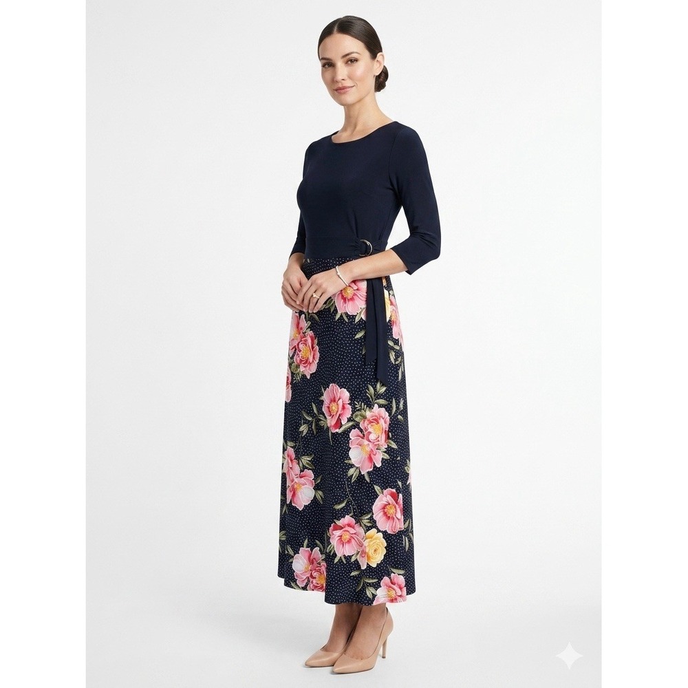 ENFOCUS STUDIO Women's Navy Floral Long Dress 3/4 Sleeve Ring Accent Size 6
